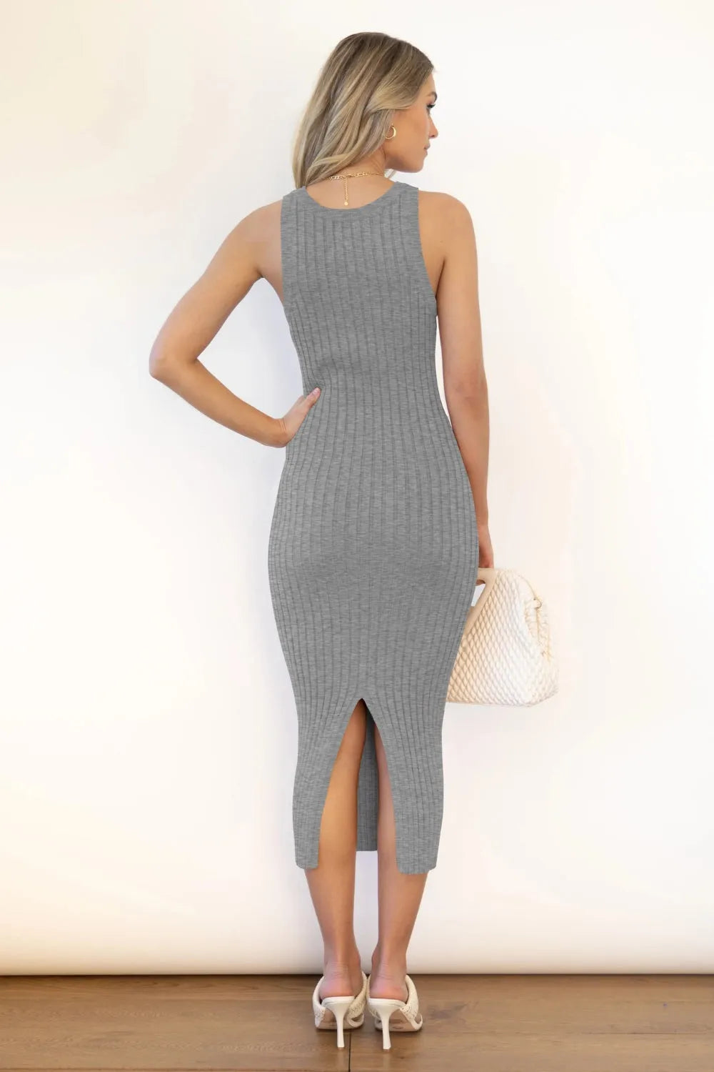 Slit Ribbed Round Neck Sleeveless Dress - Wellen Fashion