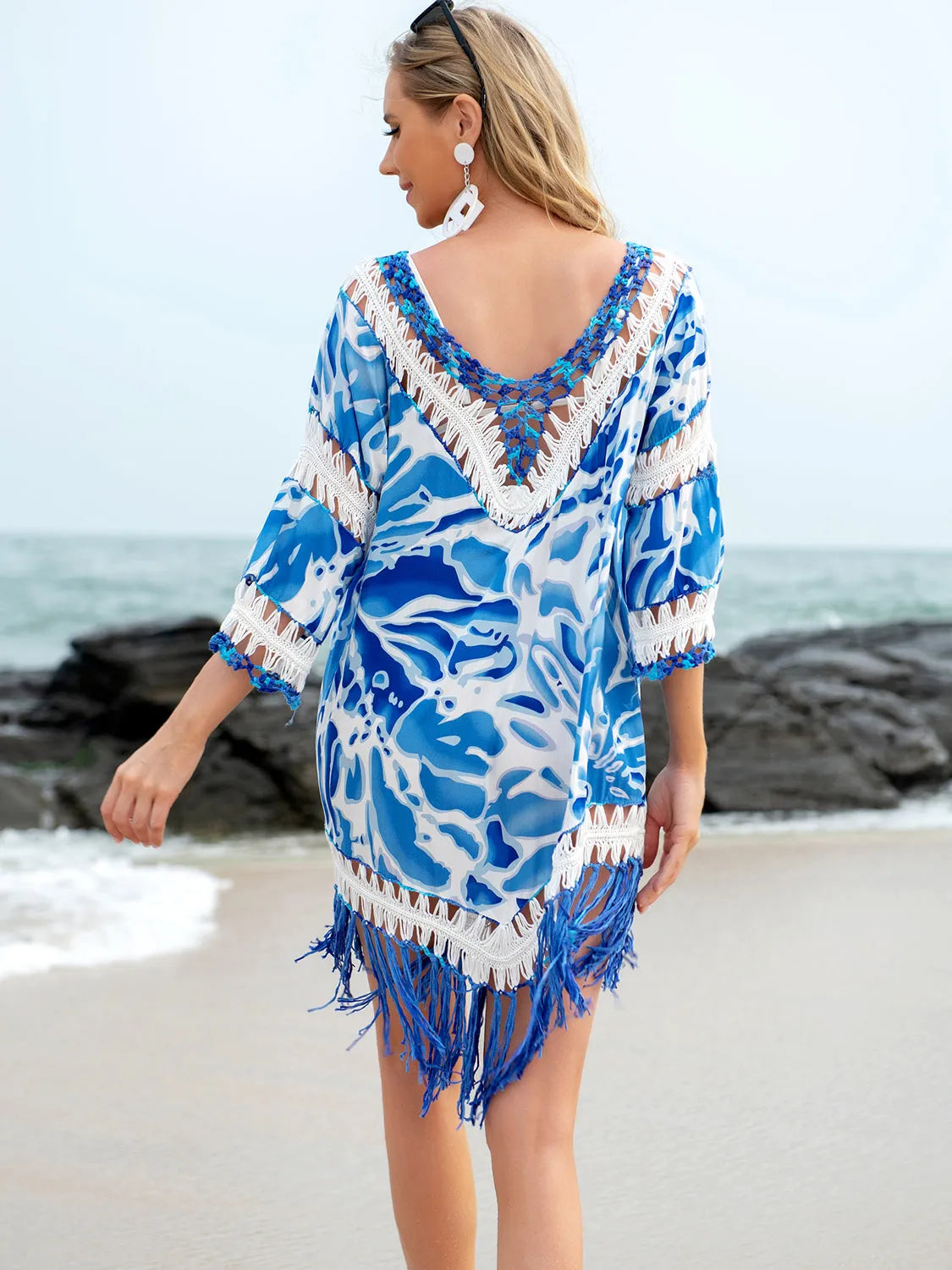 Cutout V-Neck Three-Quarter Sleeve Cover Up - Wellen Fashion