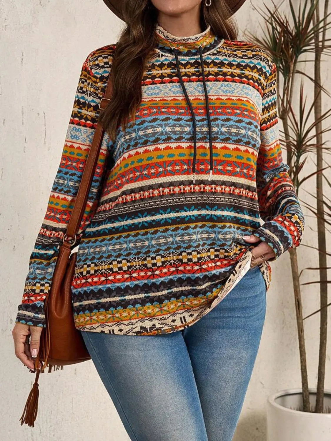 Plus Size Drawstring Printed Mock Neck Long Sleeve Top - Wellen Fashion