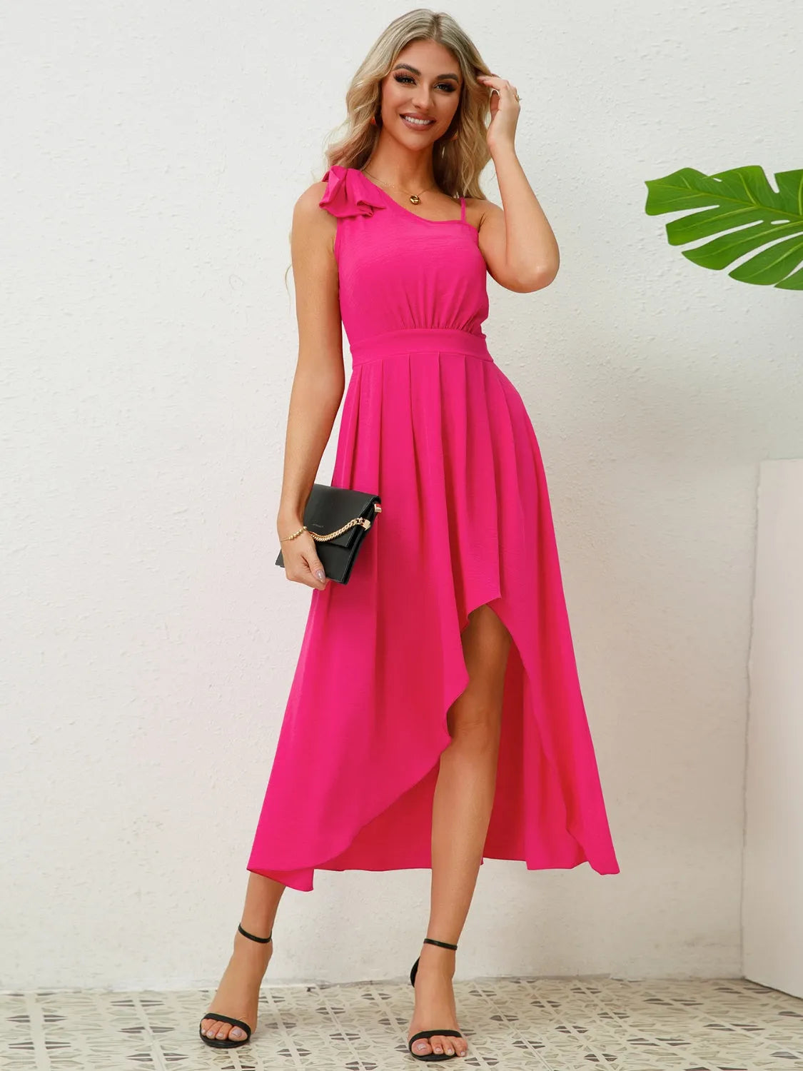 Bow Asymmetrical Neck Sleeveless Dress - Wellen Fashion