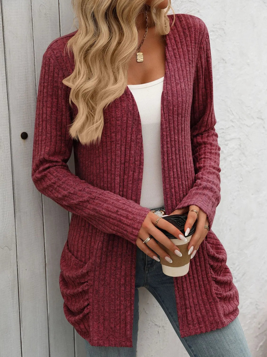 Open Front Long Sleeve Ribbed Cardigan - Wellen Fashion