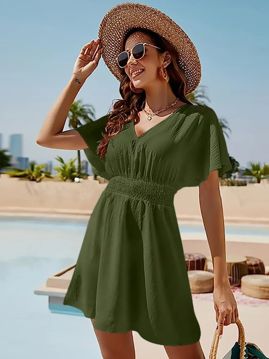 Smocked V-Neck Short Sleeve Dress - Wellen Fashion