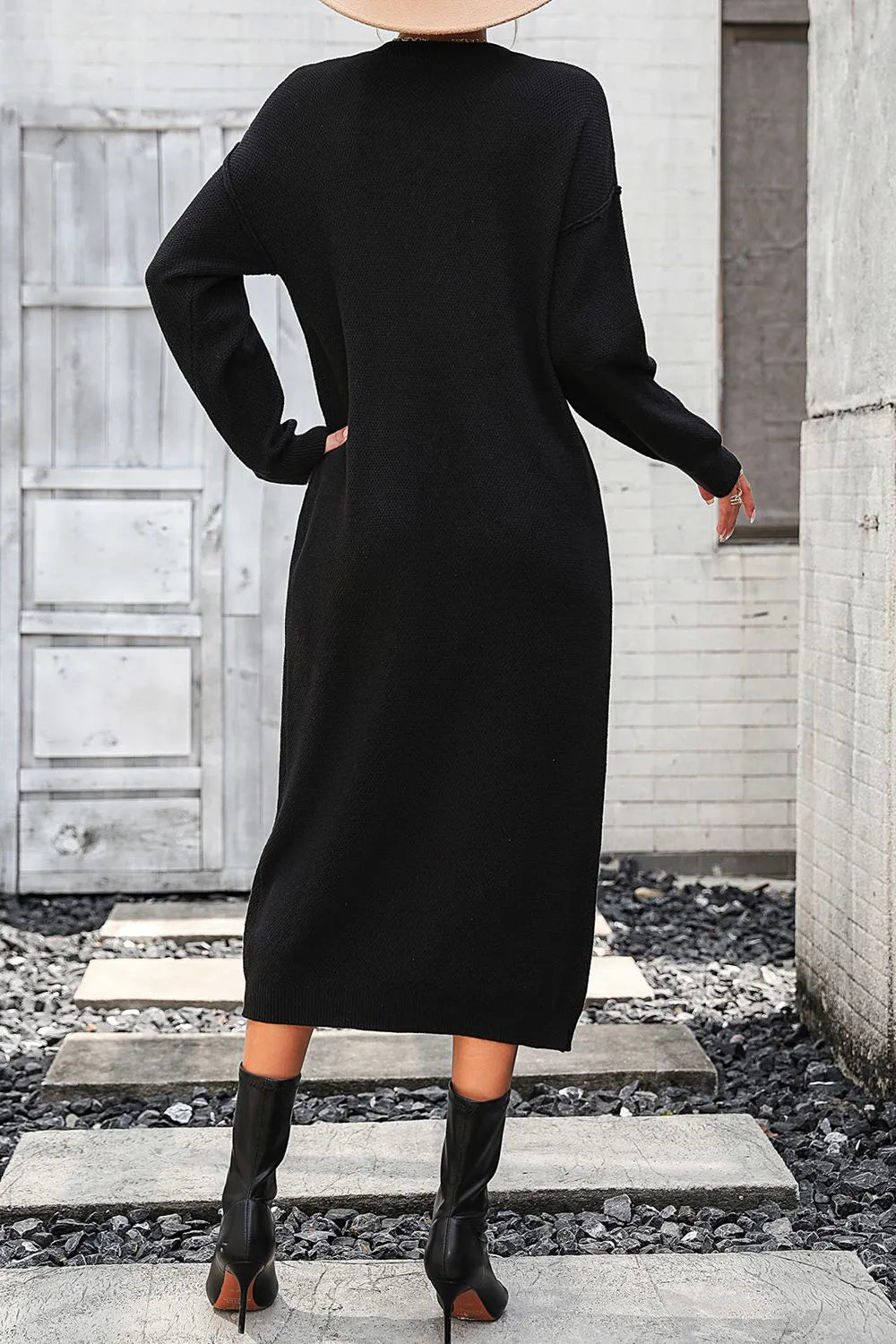 Decorative Button Notched Dropped Shoulder Sweater Dress - Wellen Fashion