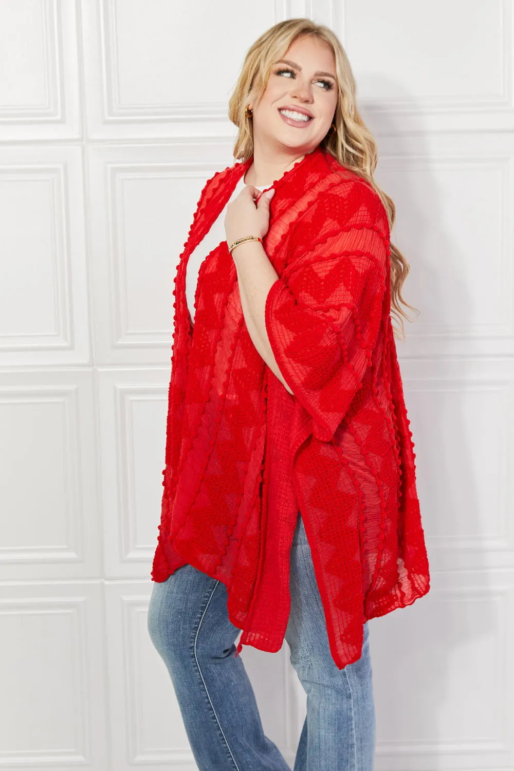 Justin Taylor Pom-Pom Asymmetrical Poncho Cardigan in Red - Wellen Fashion