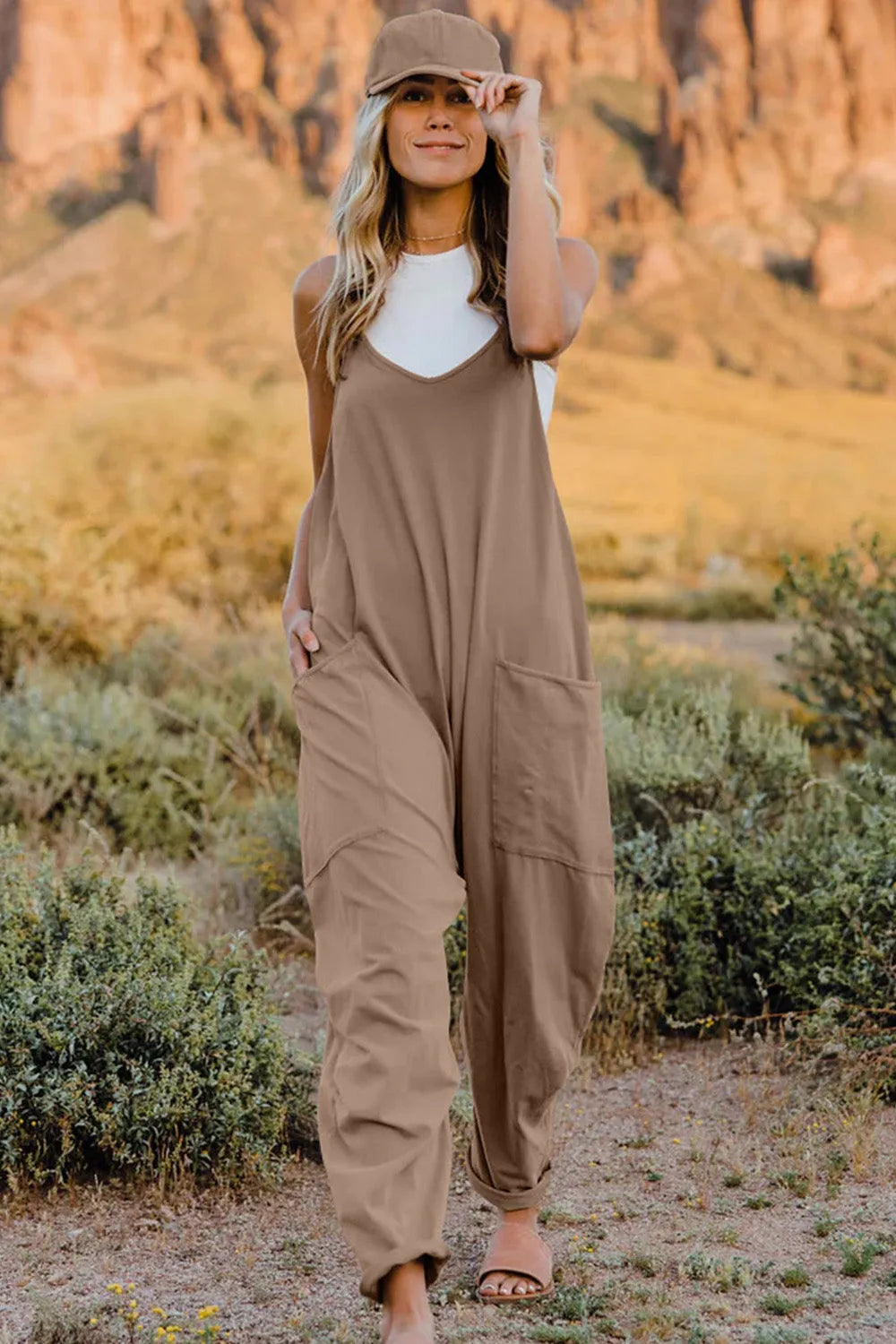 Double Take Full Size V-Neck Sleeveless Jumpsuit with Pockets - Wellen Fashion