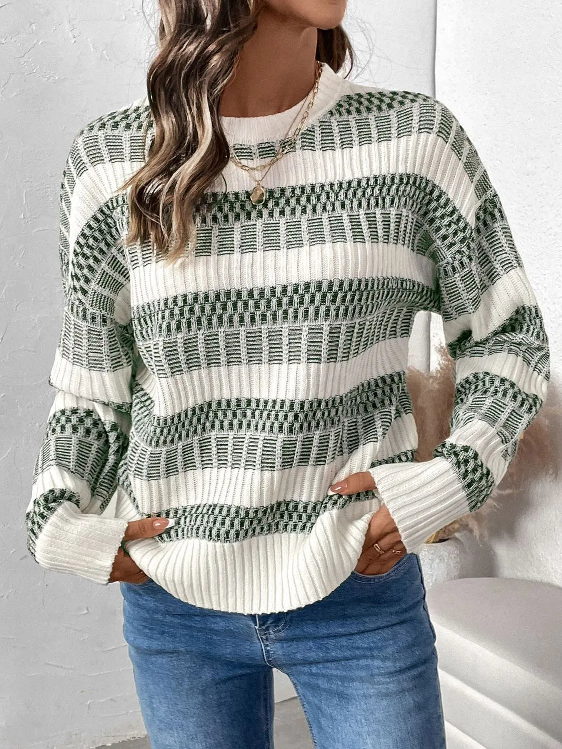 Perfee Contrast Round Neck Long Sleeve Sweater - Wellen Fashion