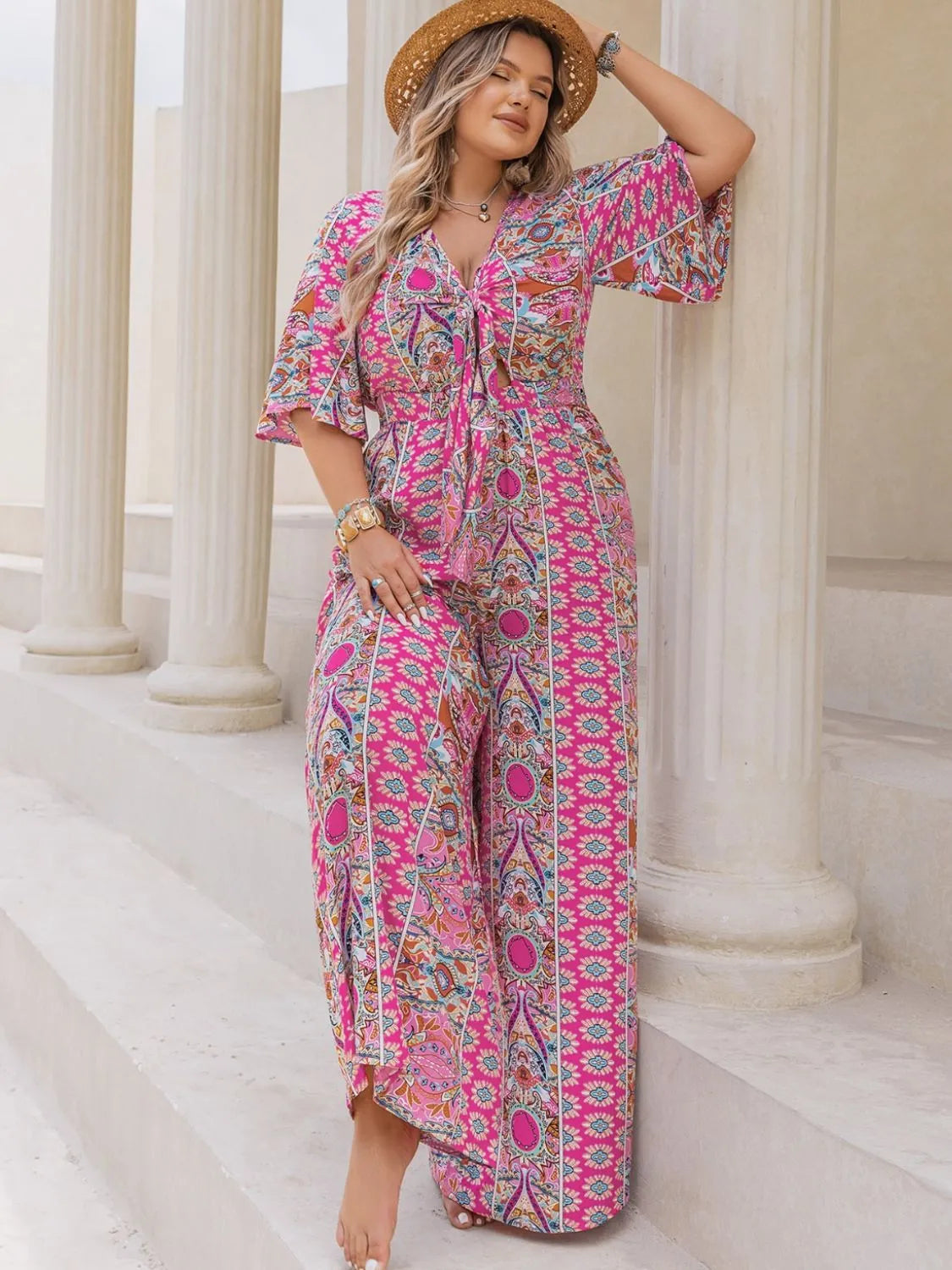 Plus Size Printed Half Sleeve Wide Leg Jumpsuit - Wellen Fashion