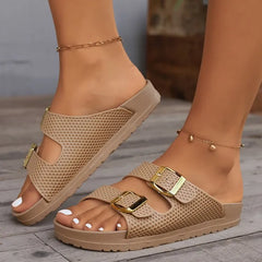 Double Buckle Open Toe Sandals - Wellen Fashion