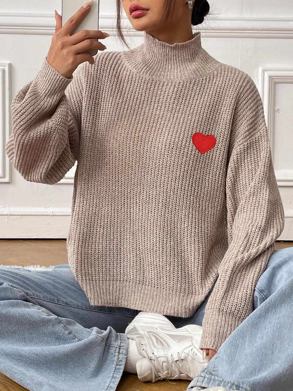 Heart Turtleneck Dropped Shoulder Long Sleeve Sweater - Wellen Fashion