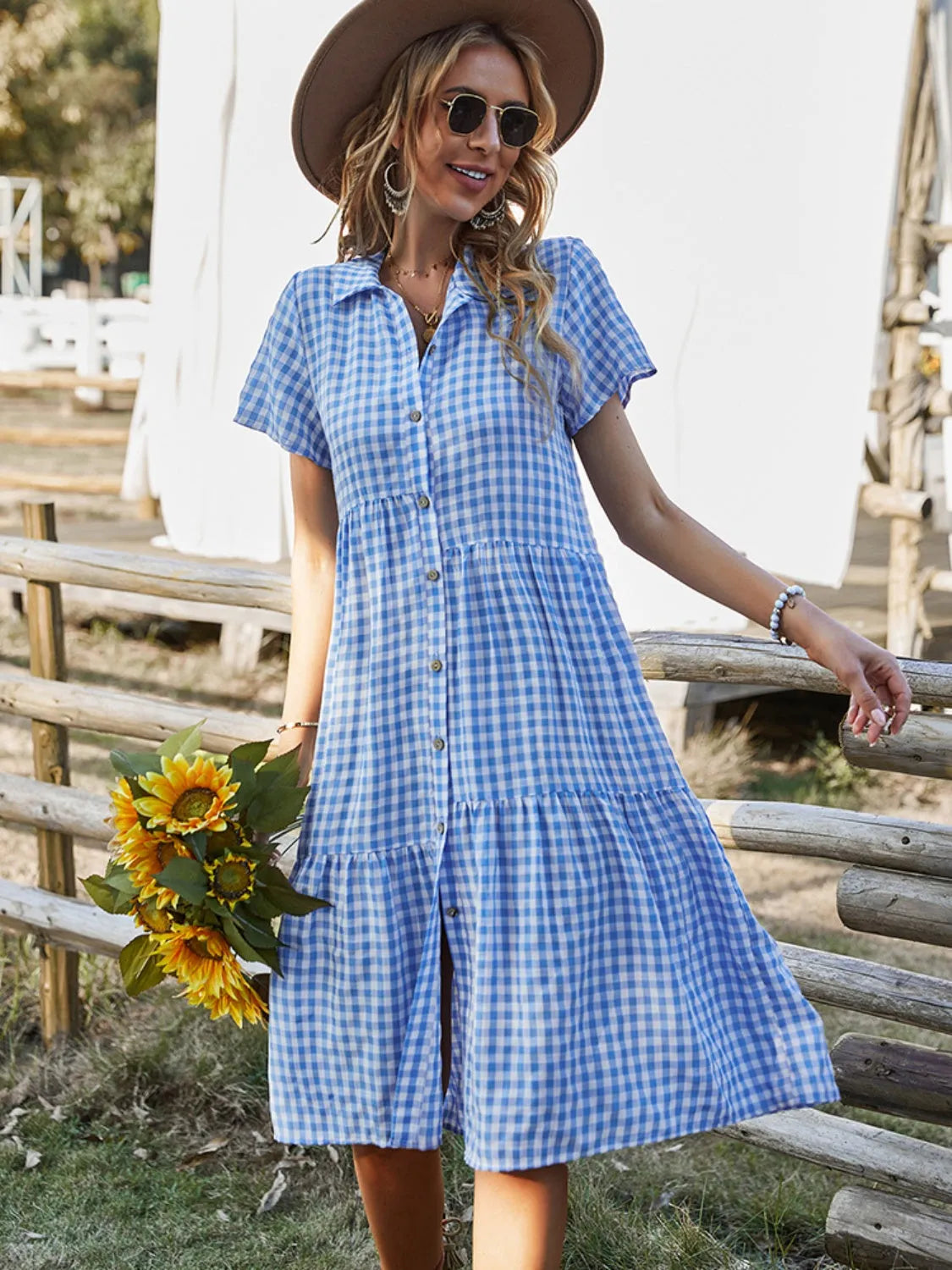 Button Up Plaid Short Sleeve Midi Dress - Wellen Fashion