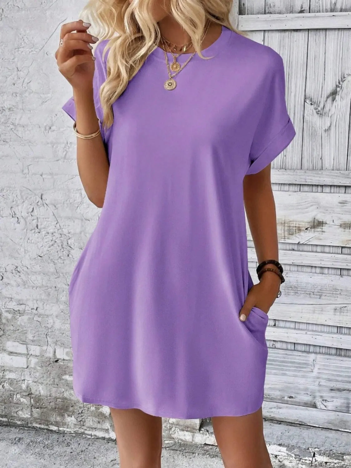 Pocketed Round Neck Short Sleeve Dress - Wellen Fashion