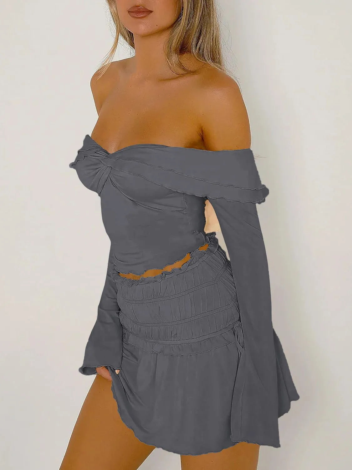 Devine Twisted Ruffled Off-Shoulder Long Sleeve T-Shirt - Wellen Fashion