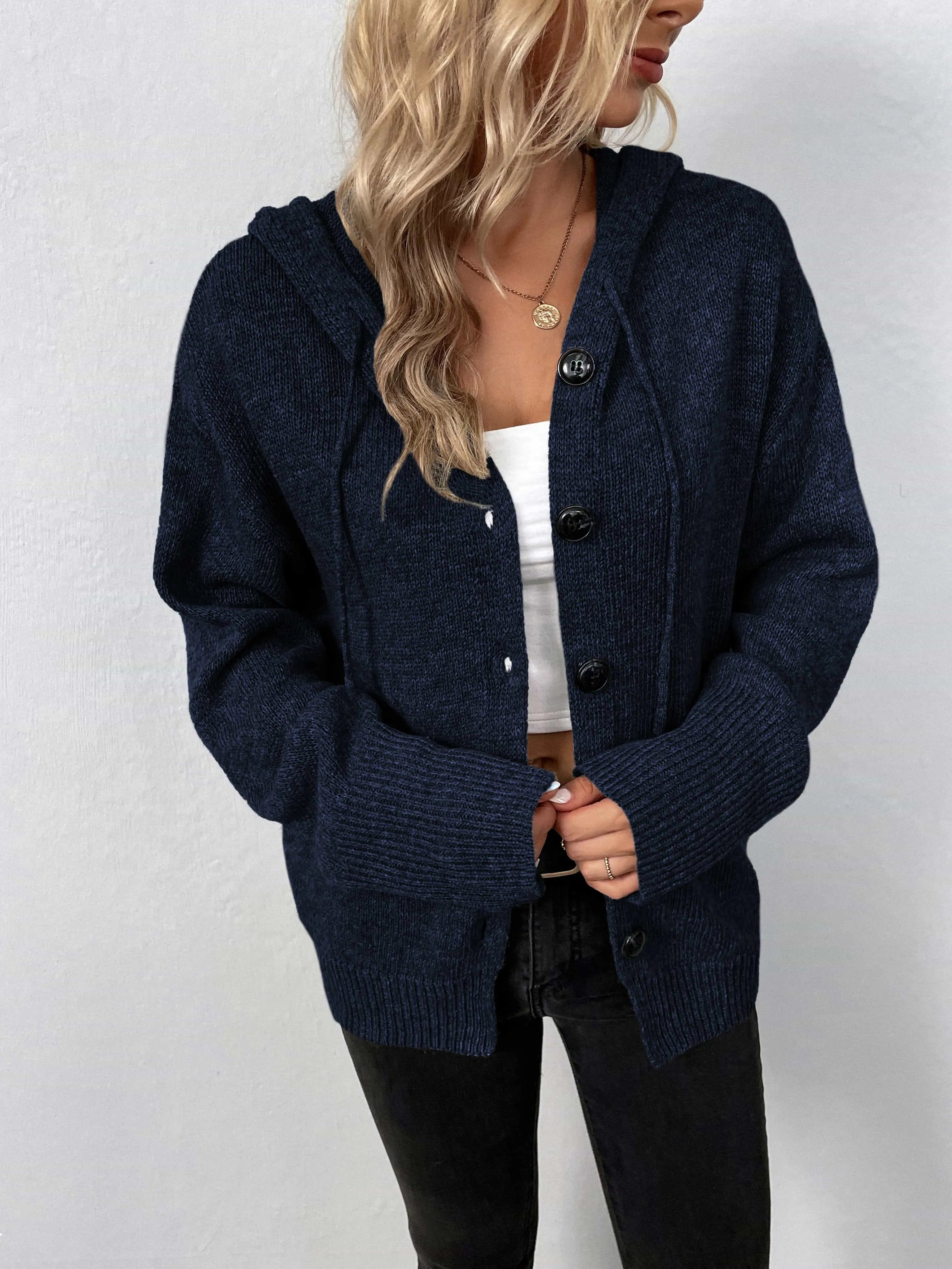 Button-Down Long Sleeve Hooded Sweater - Wellen Fashion