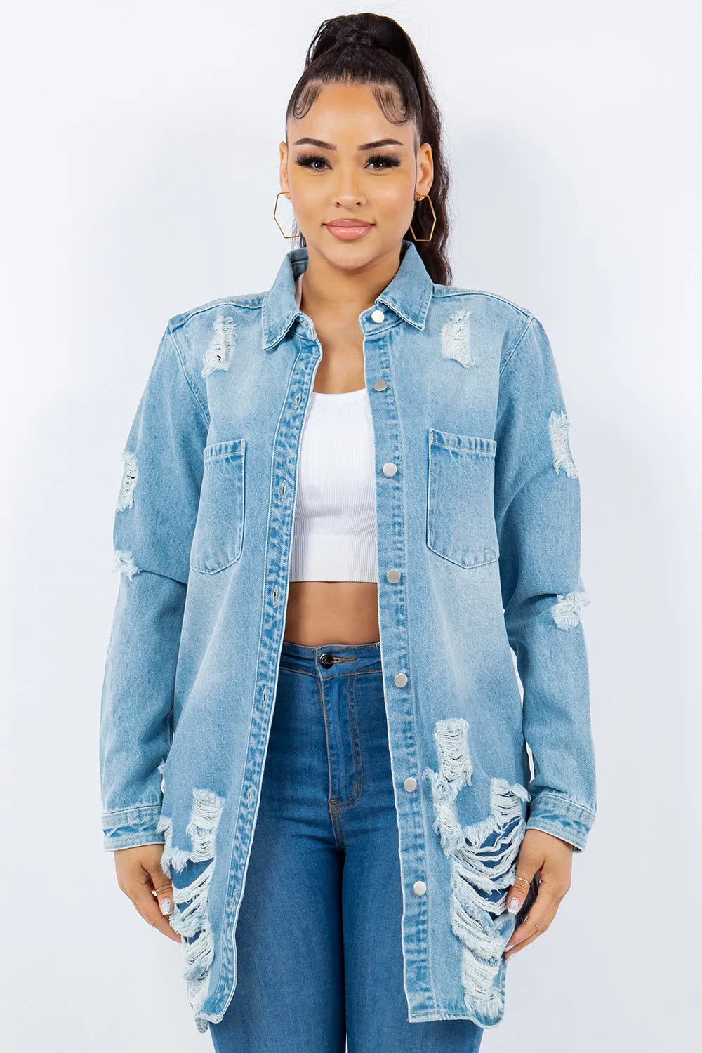 American Bazi Distressed Button Up Long Sleeve Denim Jacket - Wellen Fashion