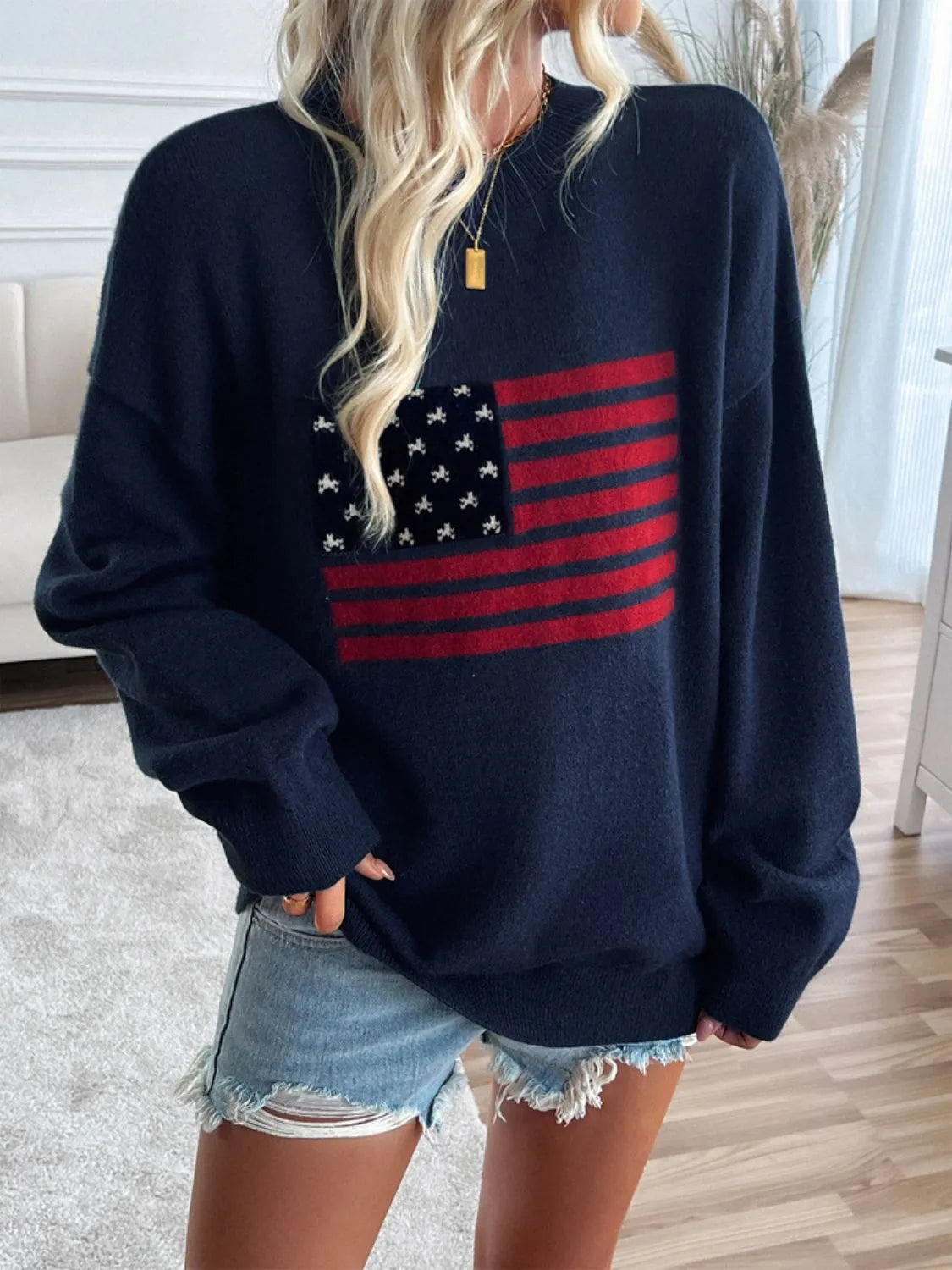 Devine US Flag Round Neck Long Sleeve Knit Top - Wellen Fashion