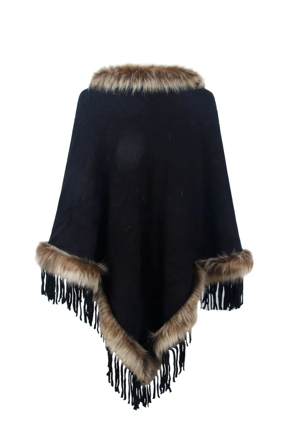 Faux Fur Trim Fringed Poncho - Wellen Fashion