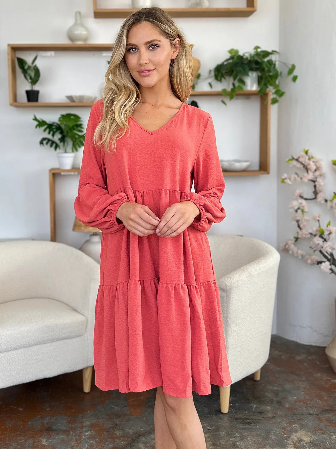 Double Take Full Size V-Neck Balloon Sleeve Tiered Dress with Pockets - Wellen Fashion