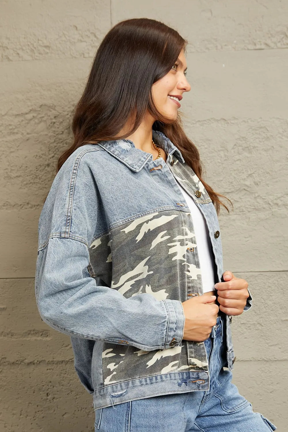 GeeGee Full Size Washed Denim Camo Contrast Jacket - Wellen Fashion