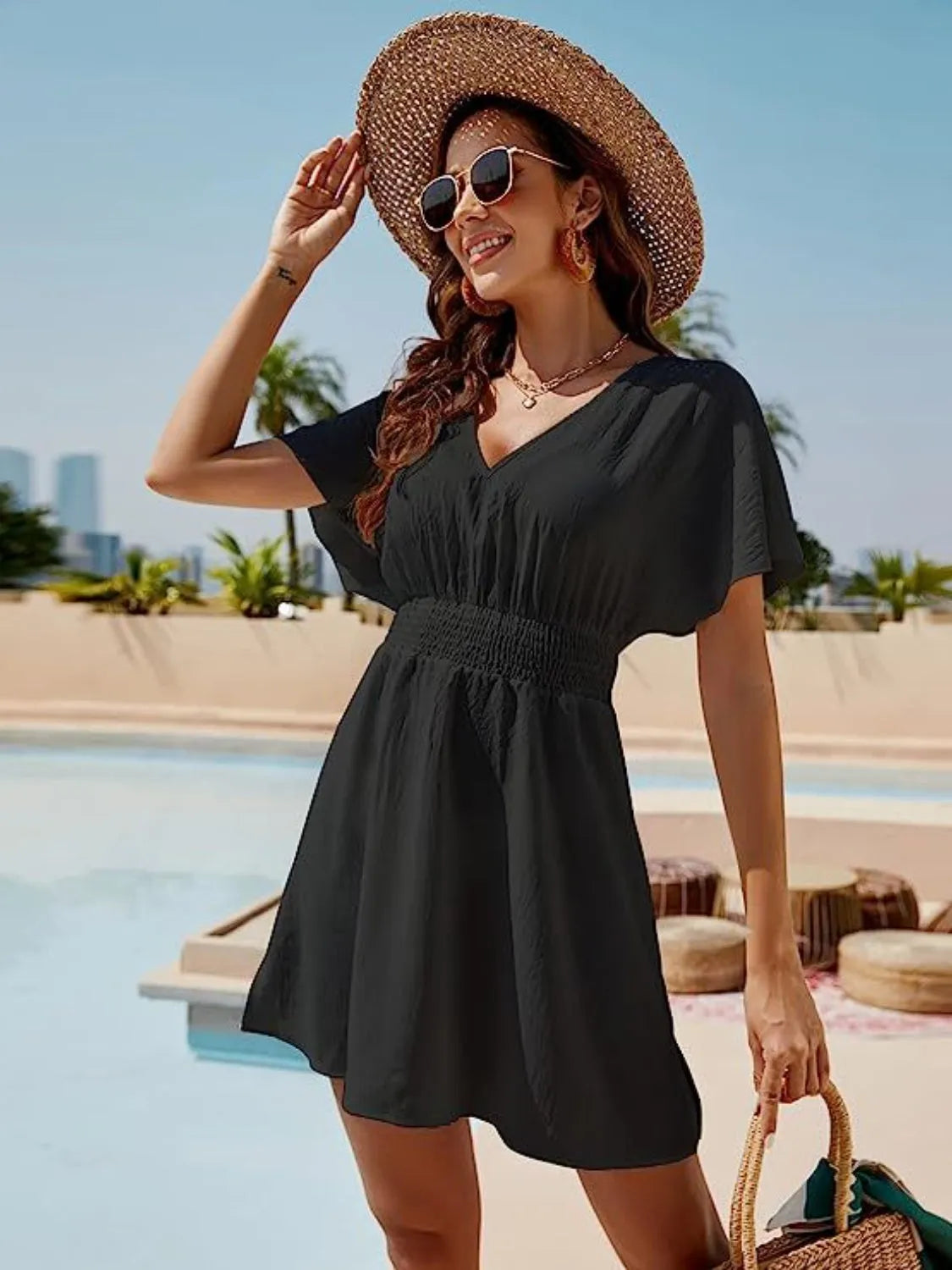 Smocked V-Neck Short Sleeve Dress - Wellen Fashion