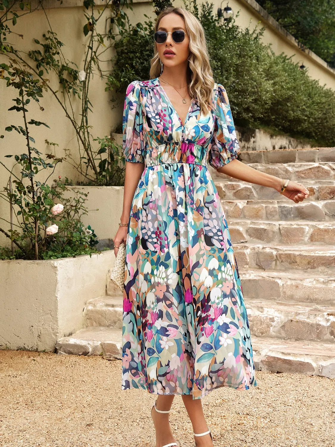 Smocked Printed V-Neck Half Sleeve Midi Dress - Wellen Fashion