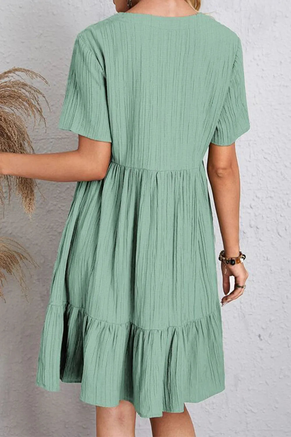 Full Size Ruched V-Neck Short Sleeve Dress - Wellen Fashion