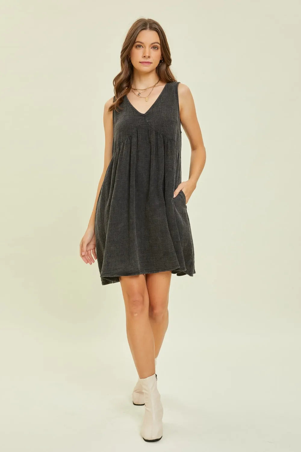 HEYSON Full Size Texture V-Neck Sleeveless Flare Mini Dress - Wellen Fashion