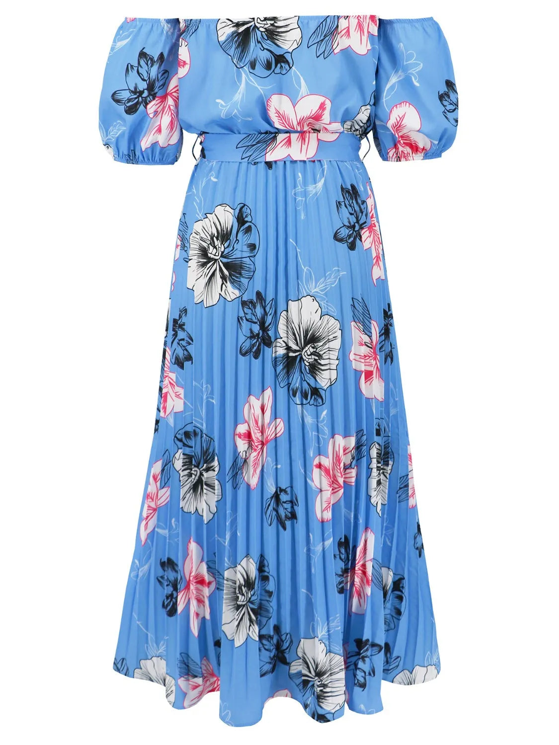 Pleated Floral Off-Shoulder Short Sleeve Midi Dress - Wellen Fashion