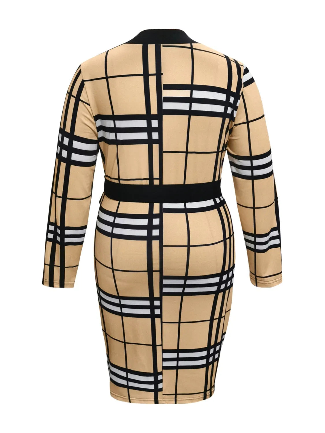 Plus Size Plaid V-Neck Long Sleeve Wrap Dress - Wellen Fashion