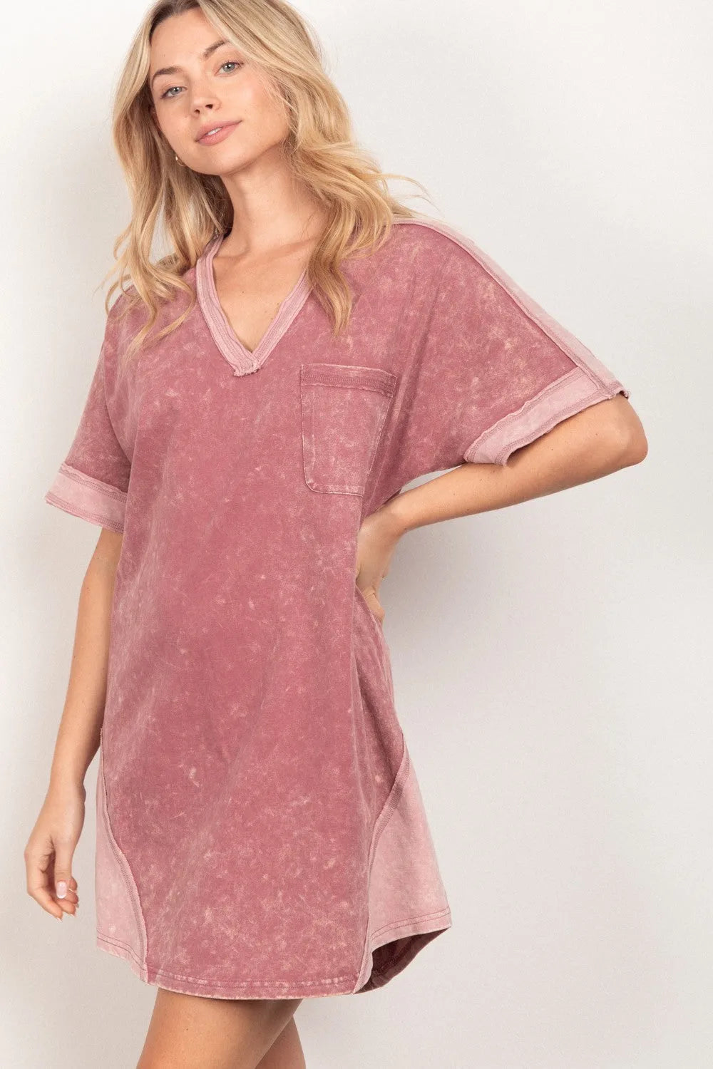 VERY J Short Sleeve V-Neck Tee Dress - Wellen Fashion