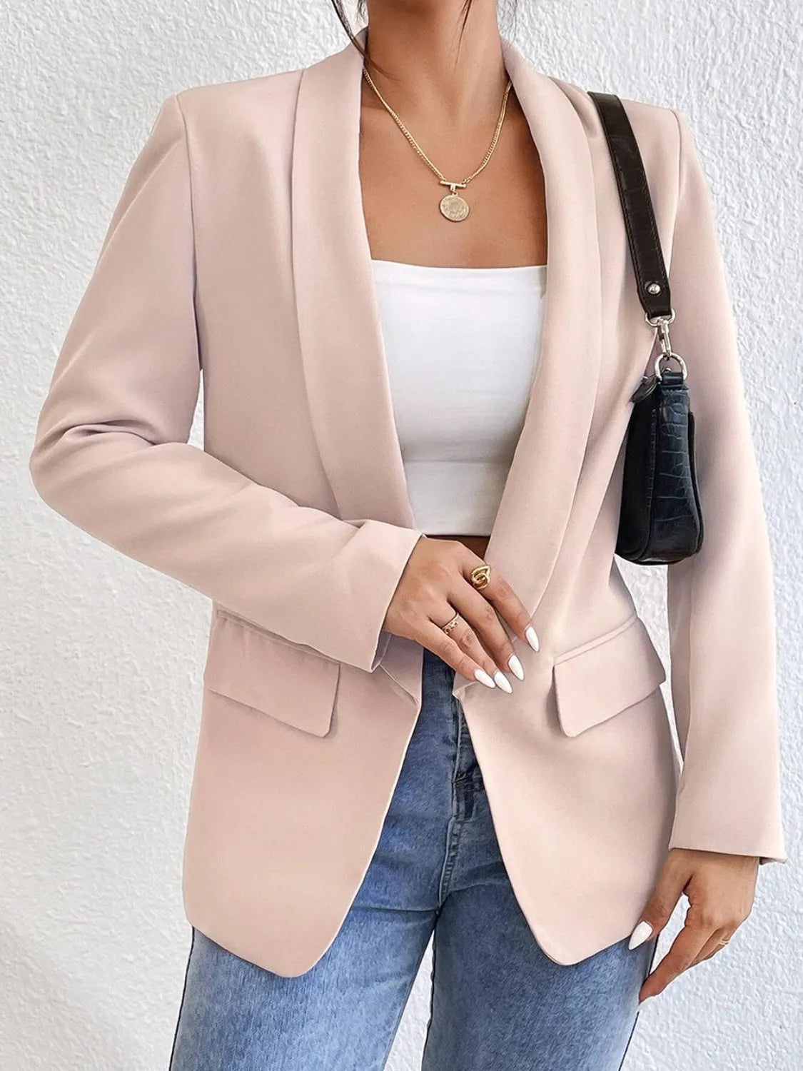 Shawl Collar Long Sleeve Blazer - Wellen Fashion