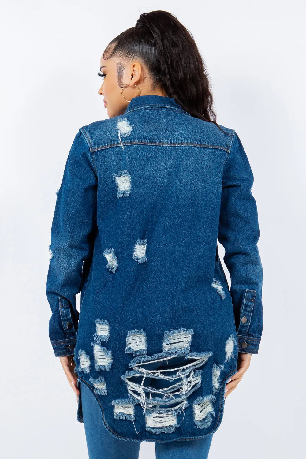 American Bazi Distressed Button Up Long Sleeve Denim Jacket - Wellen Fashion