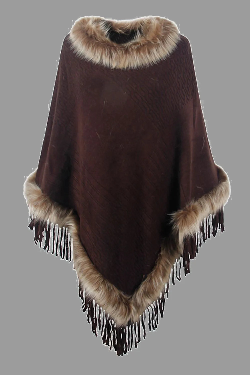 Faux Fur Trim Fringed Poncho - Wellen Fashion