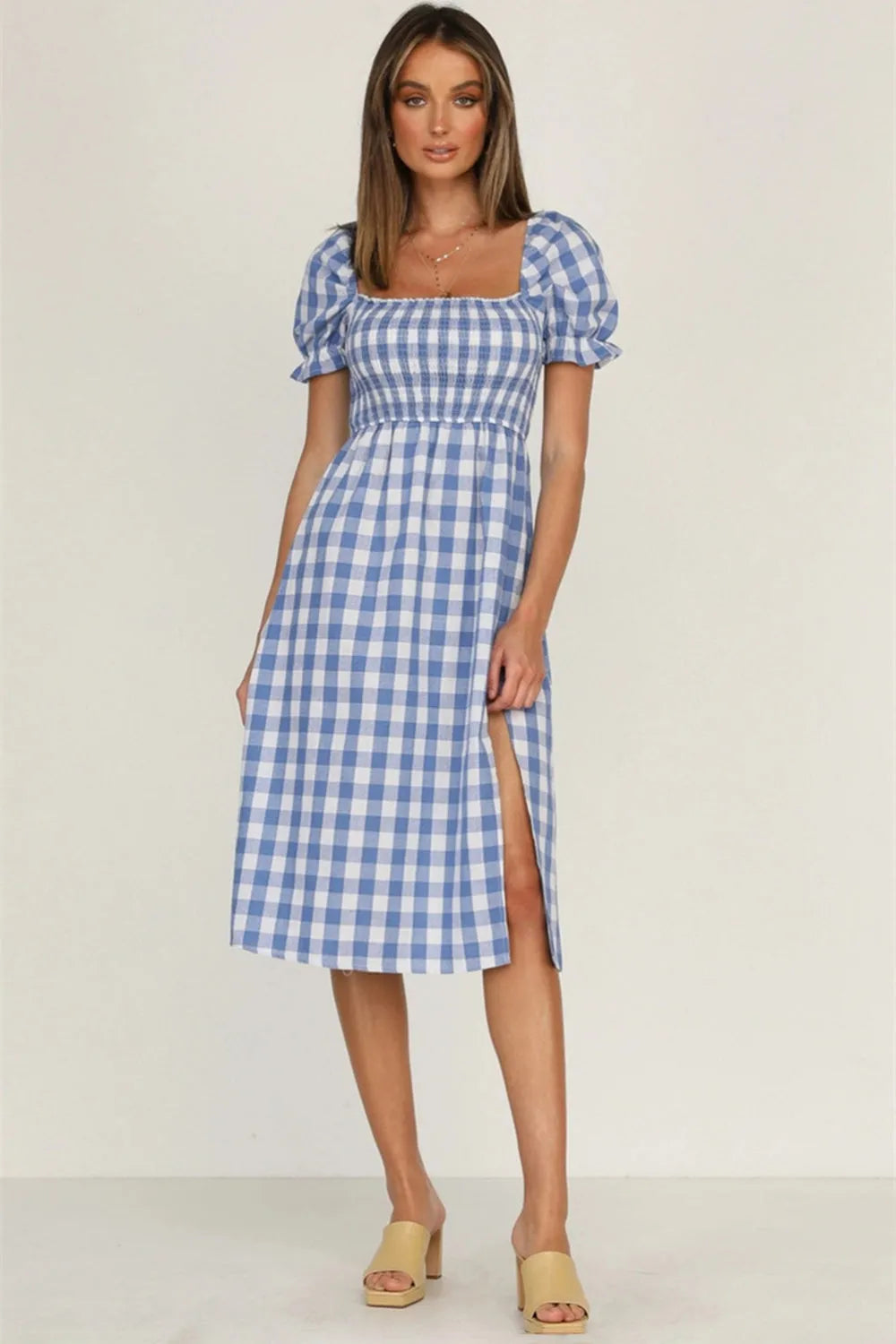 Full Size Slit Plaid Short Sleeve Midi Dress - Wellen Fashion