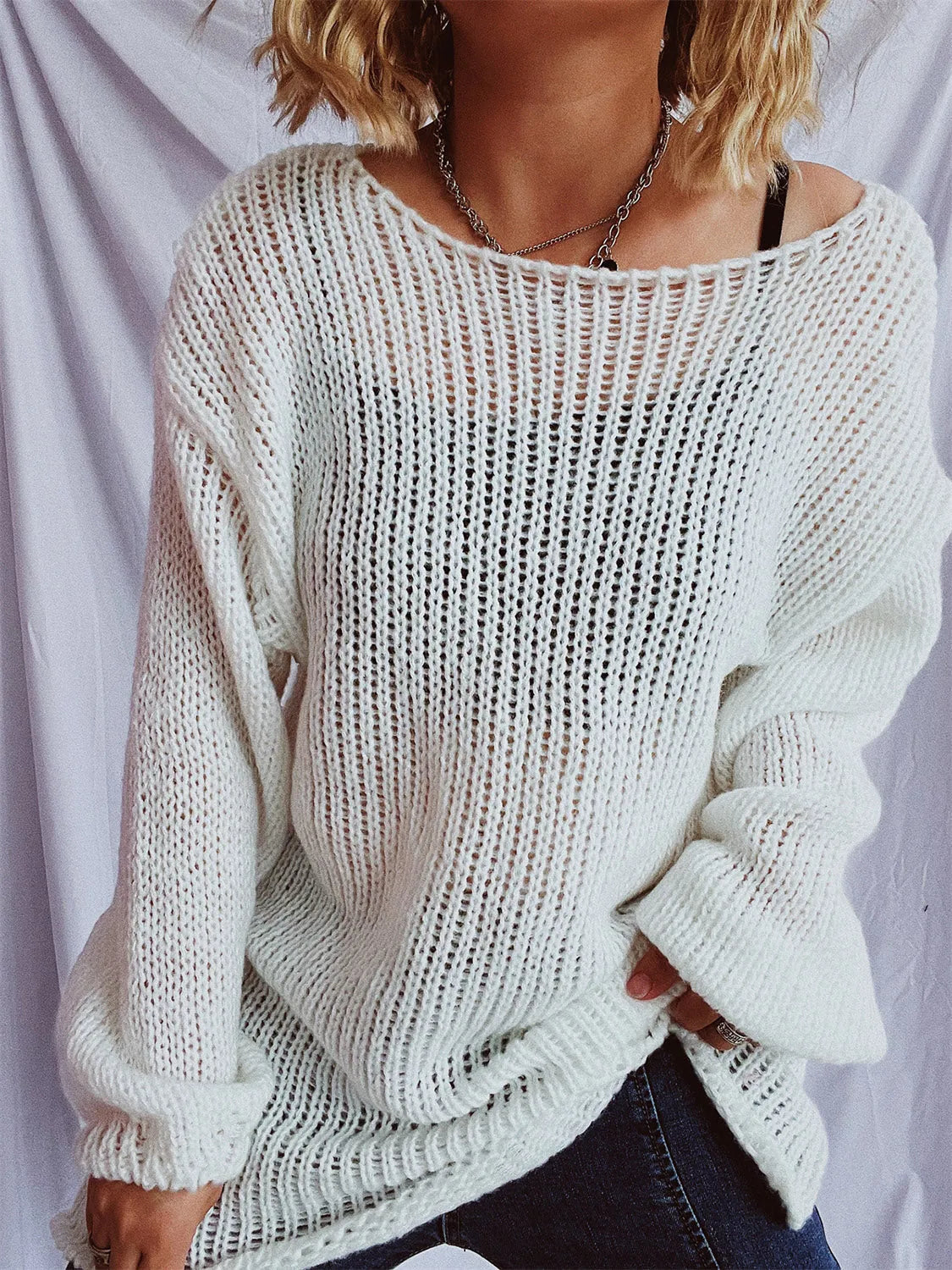 Boat Neck Dropped Shoulder Sweater - Wellen Fashion