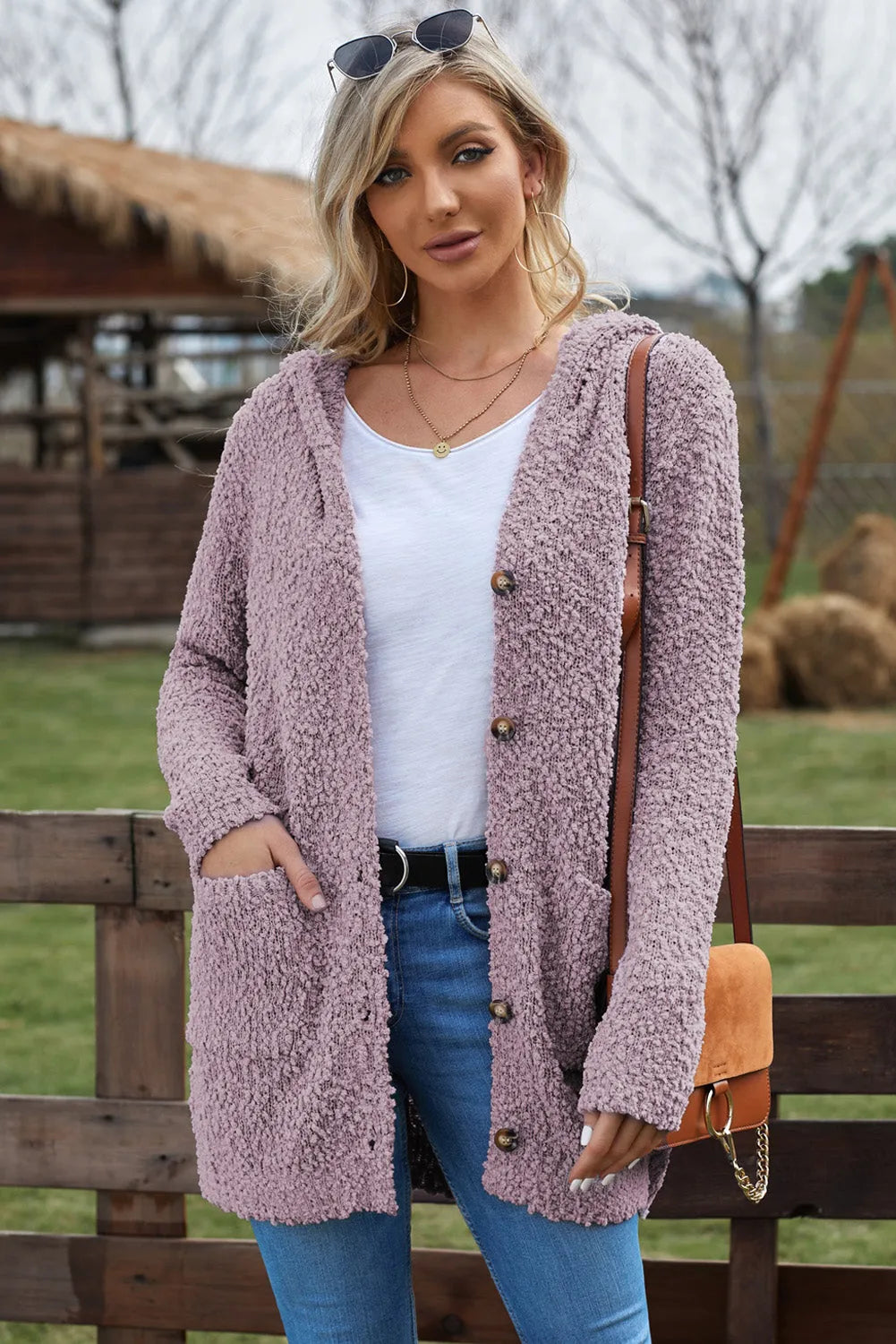 Double Take Popcorn-Knit Long Sleeve Hooded Cardigan - Wellen Fashion