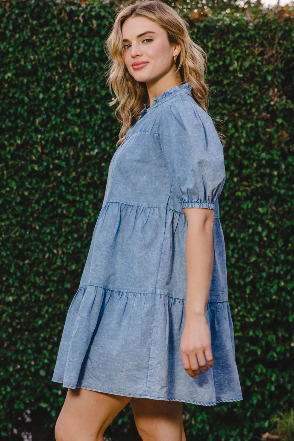 ODDI Washed Tiered Mini Denim Dress - Wellen Fashion