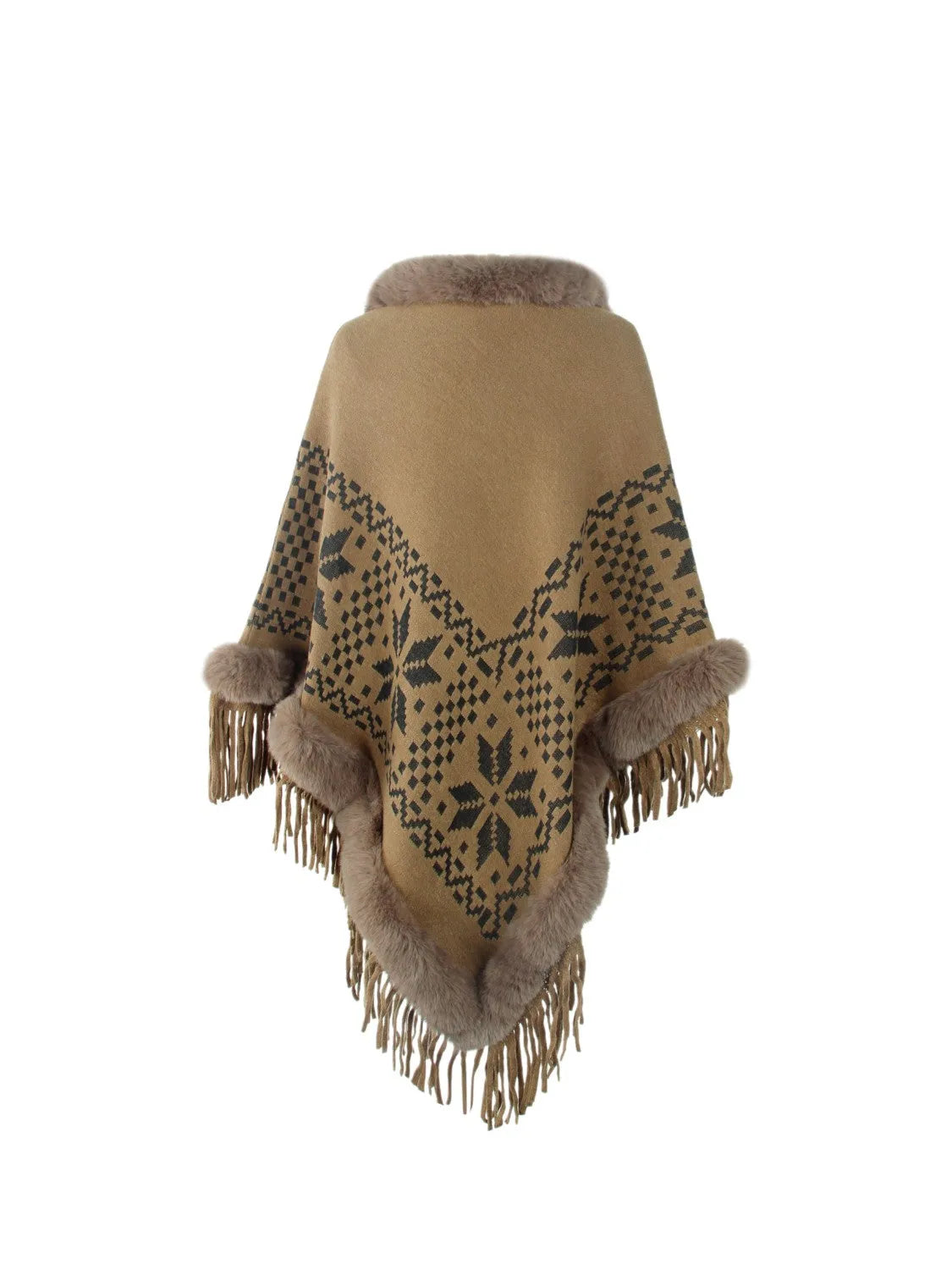 Fringe Geometric Cape Sleeve Poncho - Wellen Fashion