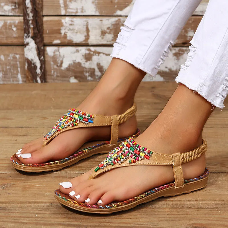 PU Leather Beaded Flat Sandals - Wellen Fashion