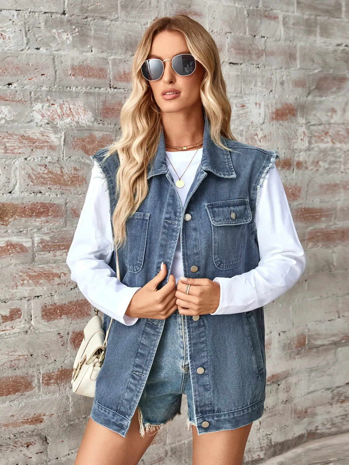 Raw Hem Sleeveless Button Up Denim Jacket - Wellen Fashion