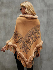 Graphic Fringe Cape Sleeve Poncho - Wellen Fashion