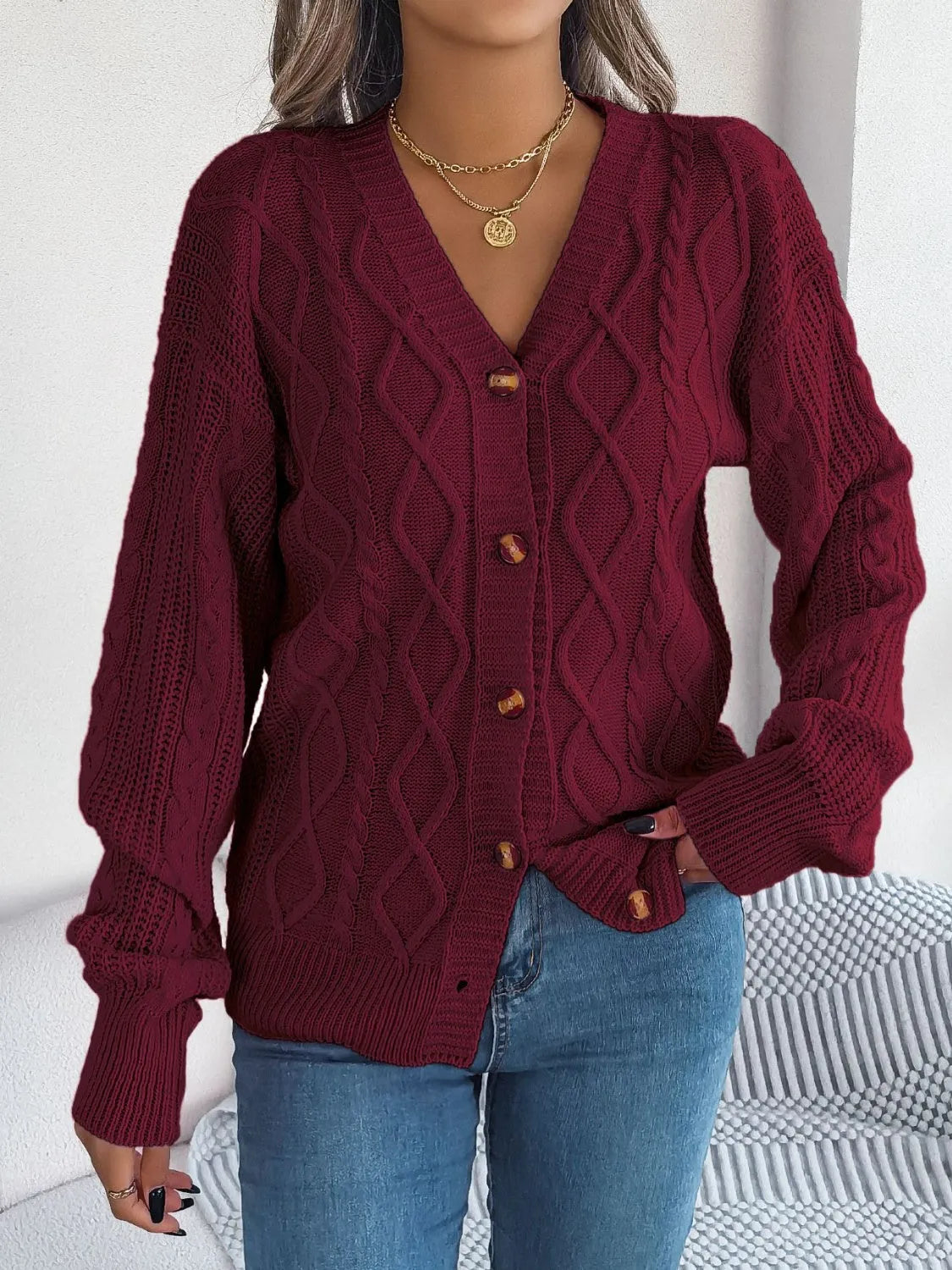 Cable-Knit Long Sleeve Cardigan - Wellen Fashion