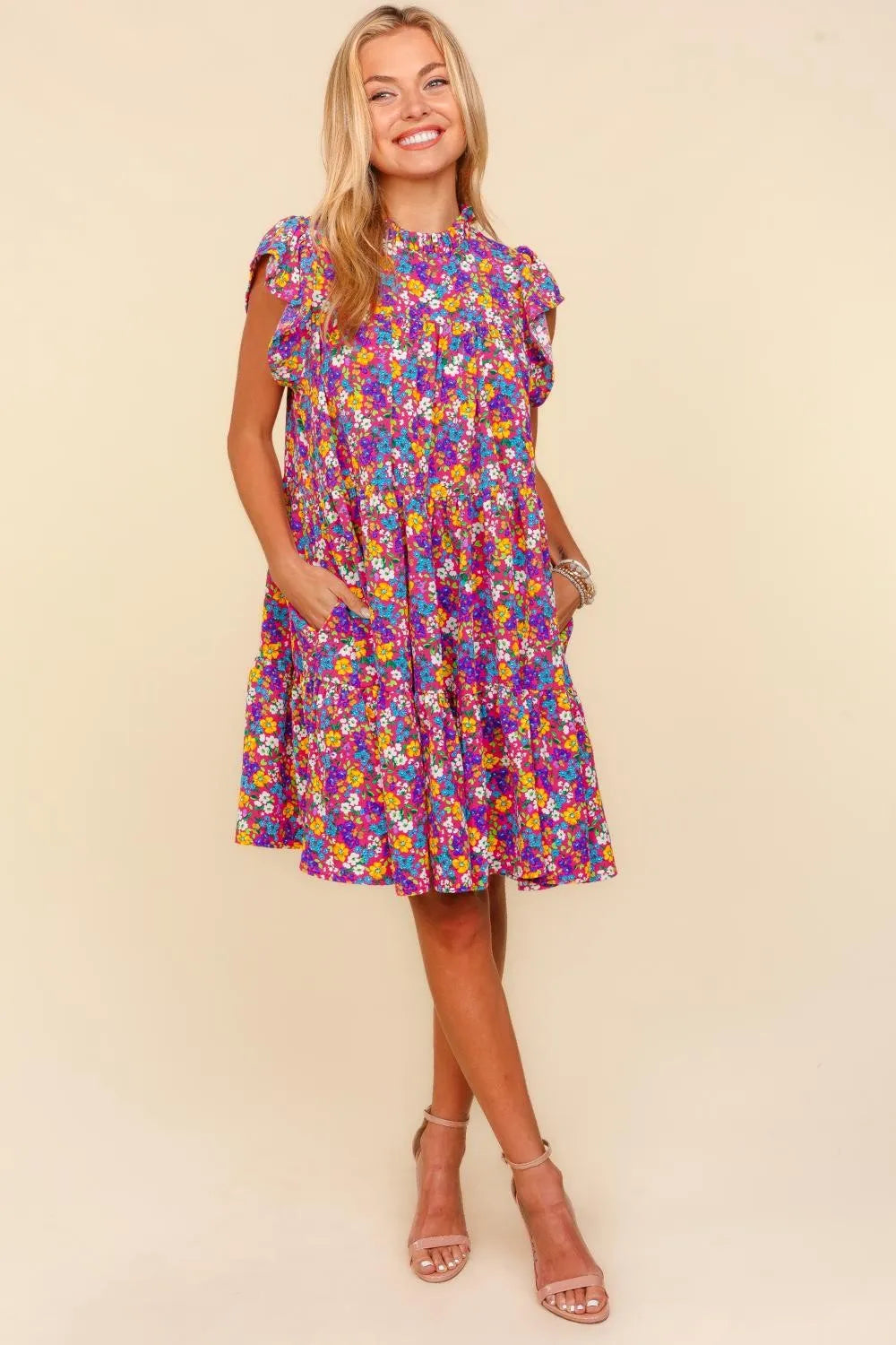 Haptics Frilled Mock Neck Ditsy Floral Dress - Wellen Fashion