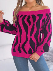 Off-Shoulder Animal Print Long Sleeve Sweater - Wellen Fashion