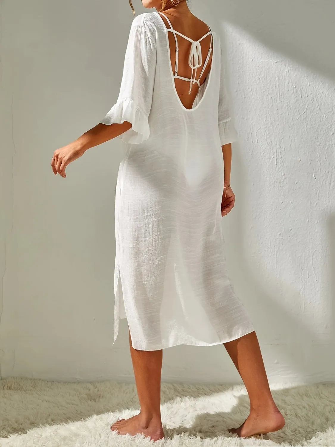 Slit V-Neck Flounce Sleeve Cover-Up - Wellen Fashion