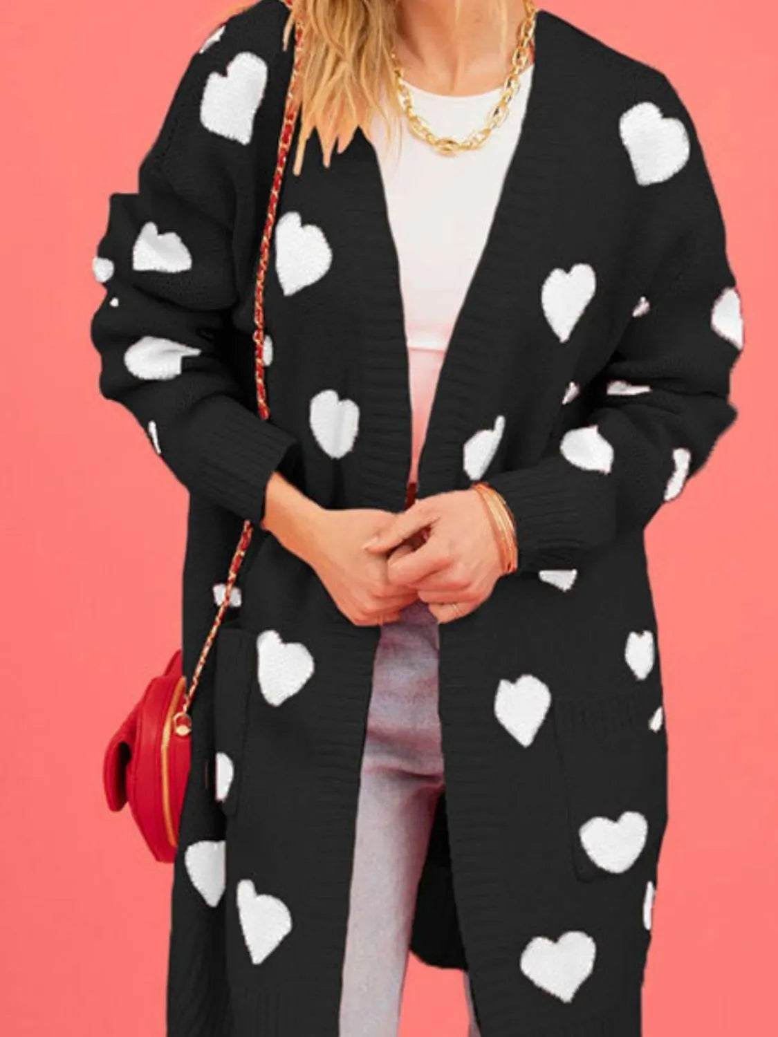 Heart Open Front Long Sleeve Cardigan - Wellen Fashion