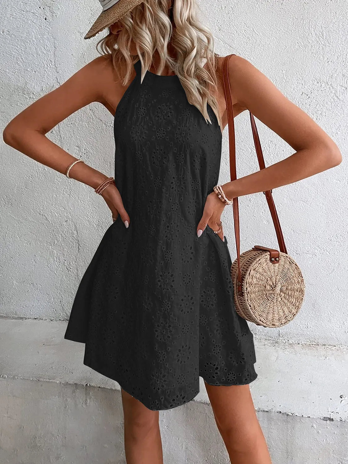 Eyelet Grecian Neck Mini Dress - Wellen Fashion