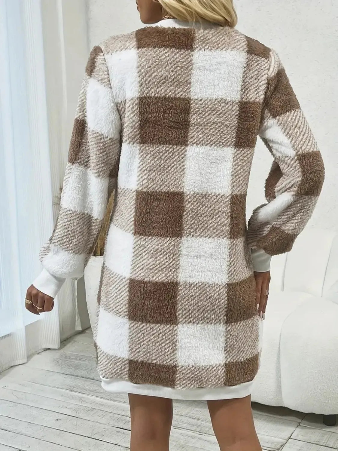 Plaid V-Neck Long Sleeve Dress - Wellen Fashion