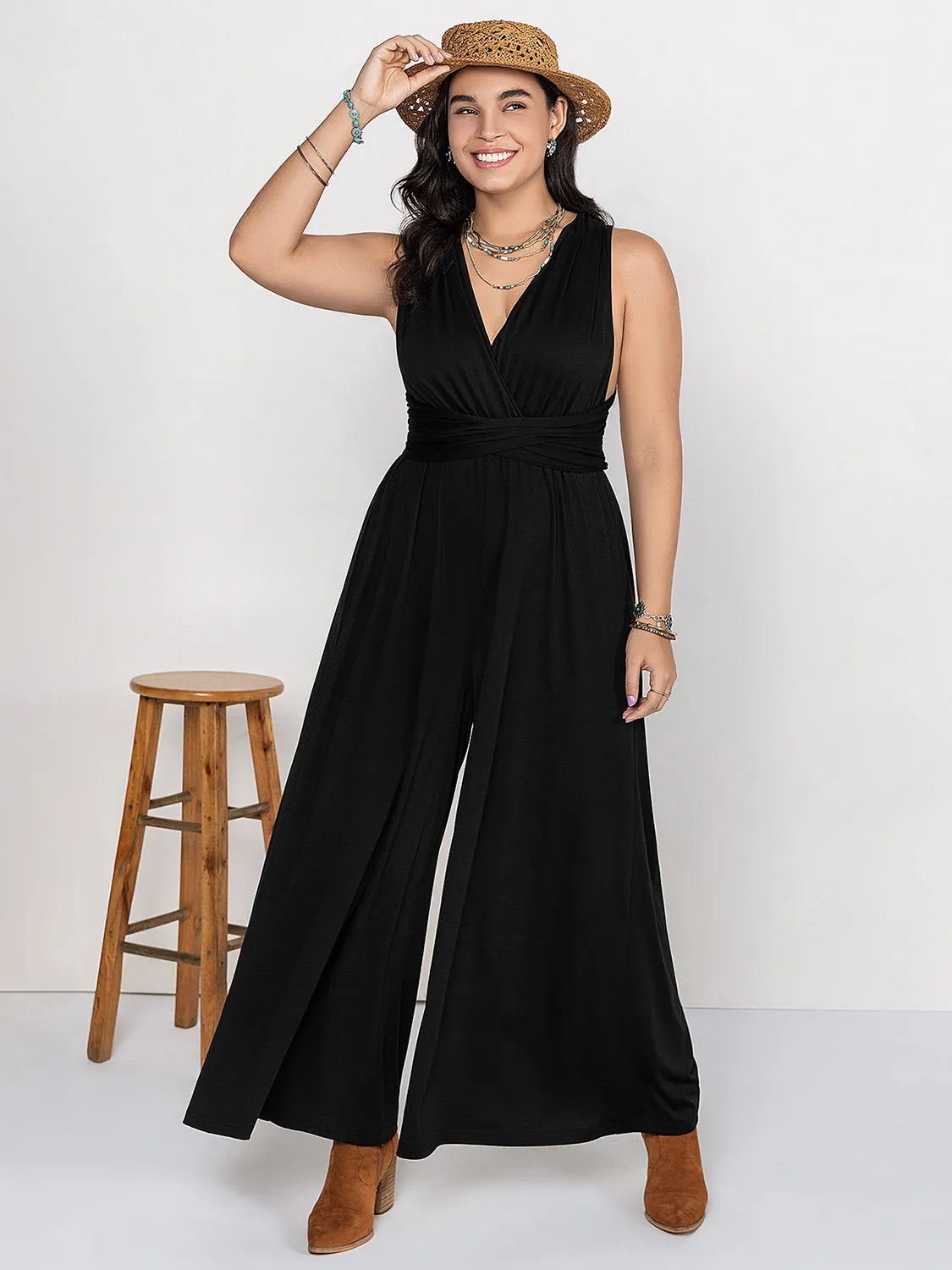 Plus Size V-Neck Wide Leg Jumpsuit - Wellen Fashion