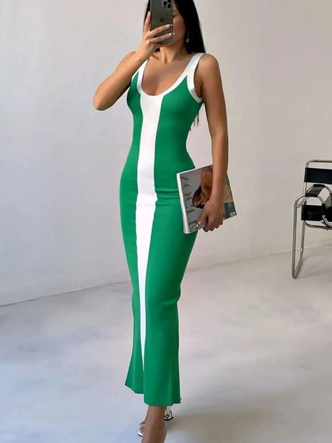 Contrast Wide Strap Slit Midi Dress - Wellen Fashion