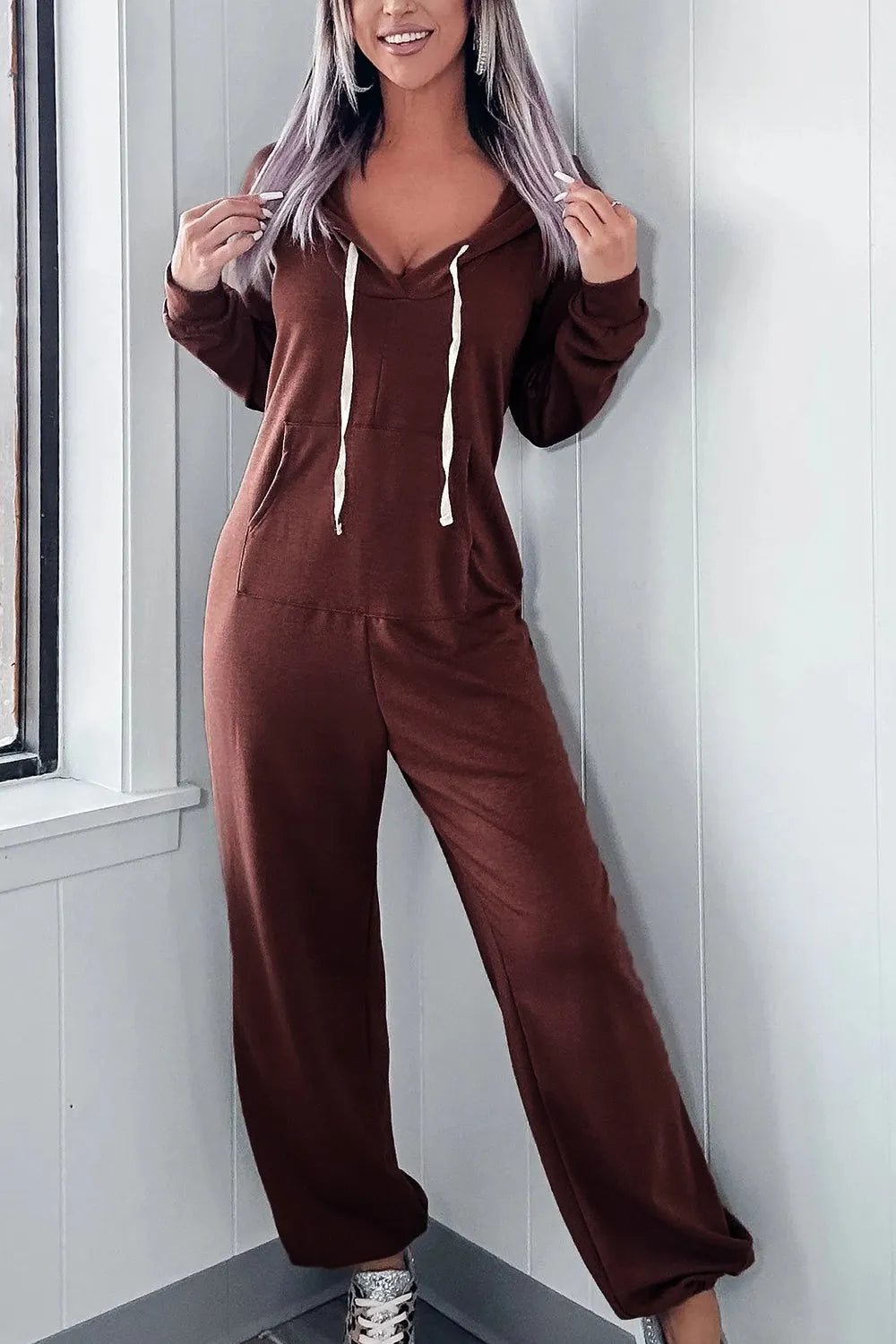 Full Size Drawstring Long Sleeve Jumpsuit - Wellen Fashion